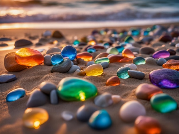 Foto un arco iris de rocas en la playa al atardecer que muestra una playa al atarrear el sol