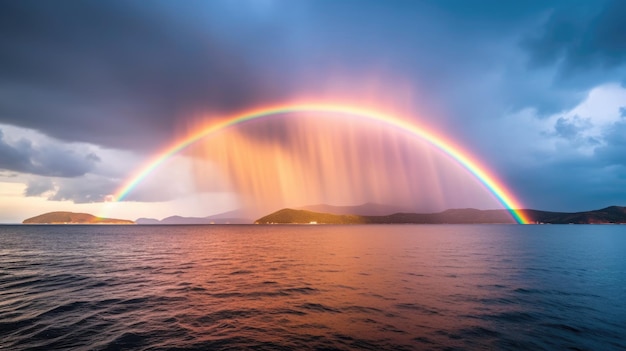 un arco iris sobre el agua con montañas y nubes