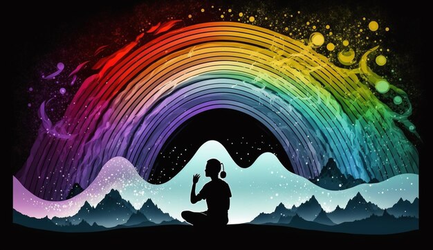 Foto un arco iris sobre un arco iris con una mujer meditando frente a él.