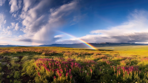 arco-íris sobre as pradarias com montanhas ao fundo