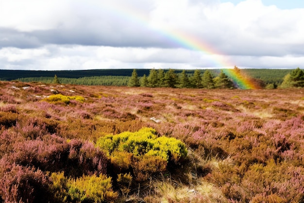 Un arco iris sobre un campo de brezo