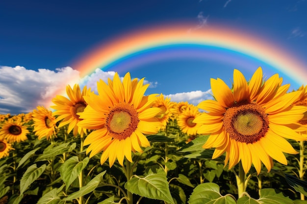 Un arco iris sobre un campo de girasoles