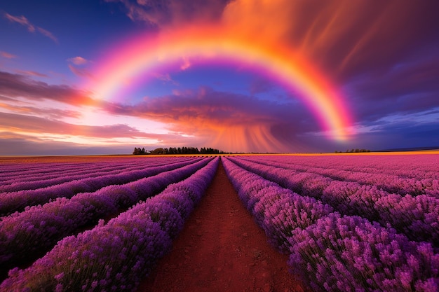 Un arco iris sobre un campo de lavanda al atardecer