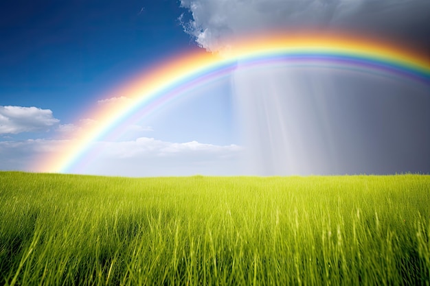 Arco iris sobre un campo verde con un cielo azul y nubes