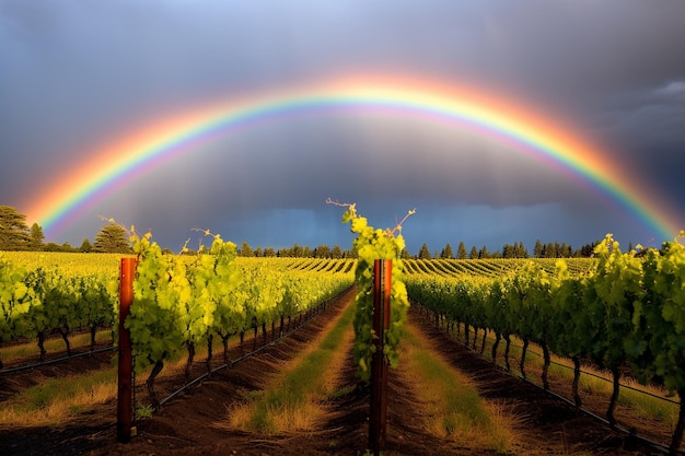 Un arco iris sobre un campo de viñedos