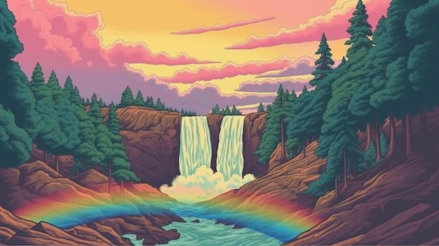 Un arco iris sobre una cascada Concepto de fantasía Pintura de ilustración