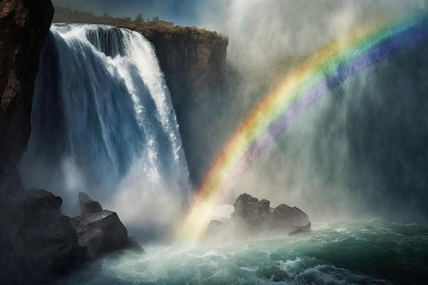 Arco iris sobre una cascada con niebla y spray visible