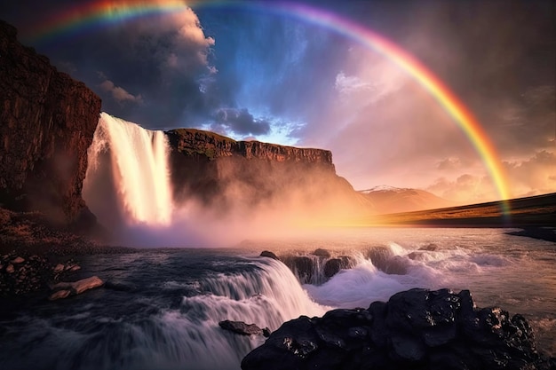 Arco iris sobre una cascada con el sol hundiéndose bajo el horizonte en el fondo