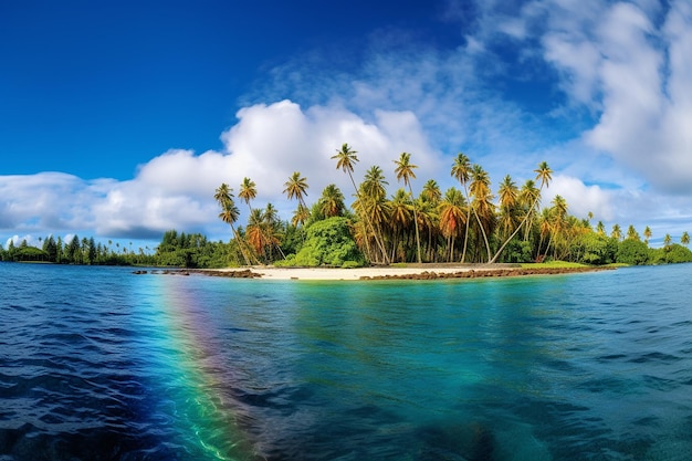 El arco iris sobre una exuberante isla tropical