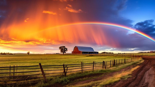 un arco iris sobre un granero en un campo.