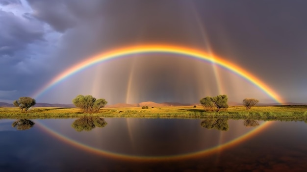 Un arco iris sobre un lago con árboles al fondo.
