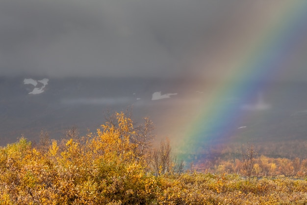 Arco-íris sobre o rio nas montanhas do Ártico de um parque nacional de Sarek.