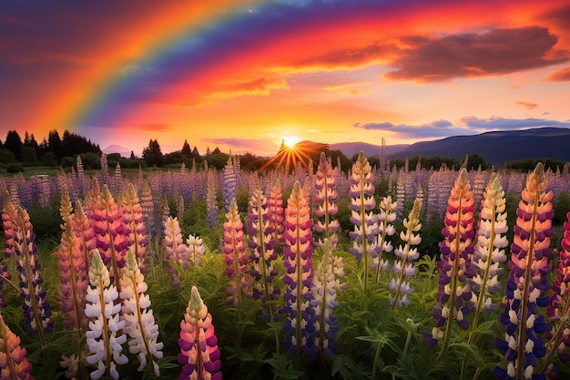 Un arco iris sobre un prado de lupinos en flor