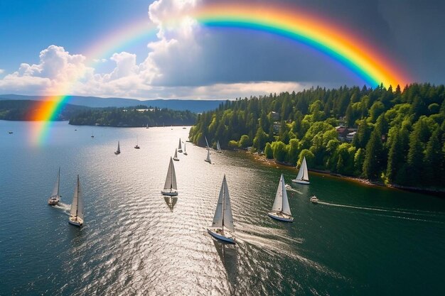 Foto el arco iris sobre una regata de vela