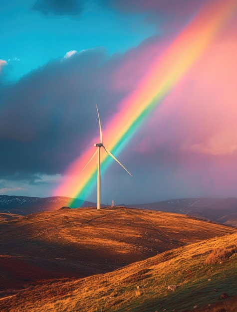Foto un arco iris sobre una turbina eólica