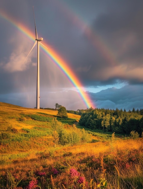 Foto un arco iris sobre una turbina eólica