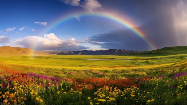 Arco-íris sobre um campo de flores