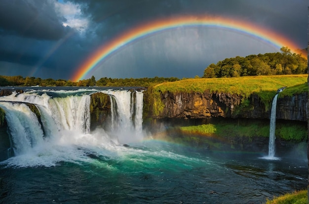 Arco-íris sobre uma cachoeira ou paisagem