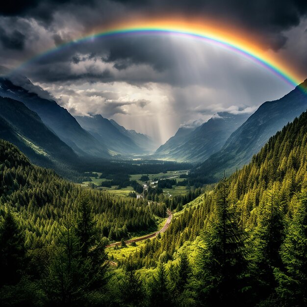 Foto un arco iris sobre un valle de montaña