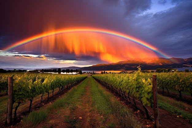 Un arco iris sobre un viñedo al atardecer