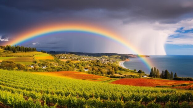 Foto el arco iris sobre un viñedo costero