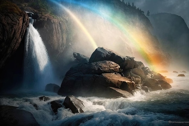 Arco iris con el sol brillando iluminando la niebla de una cascada