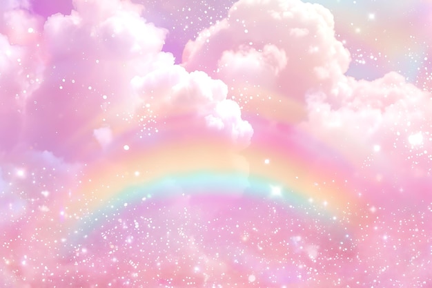 Arco iris con tema musical y brillo en el fondo del cielo pastel