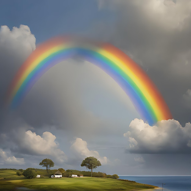 un arco iris se ve sobre un campo con árboles y nubes en el fondo