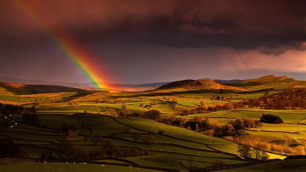 un arco iris se ve sobre un campo con un cielo oscuro en el fondo