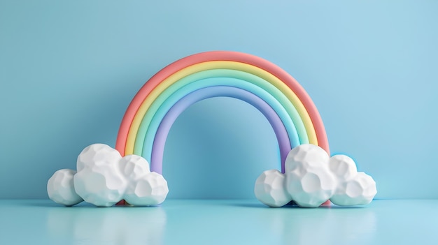 Arco iris vertical de arcilla con nubes esponjosas en un fondo de colores pastel en animación stopmotion