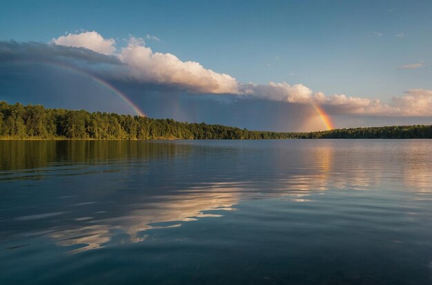 Un arco iris vibrante en un lago tranquilo