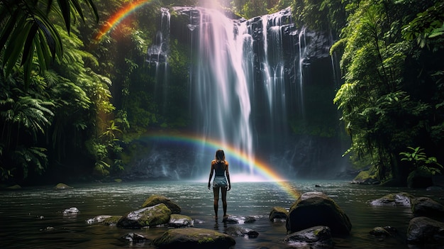 Arco-íris vibrante sobre uma cachoeira em uma exuberante floresta tropical