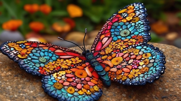 Un arco iris en vuelo una mariposa de colores en un jardín