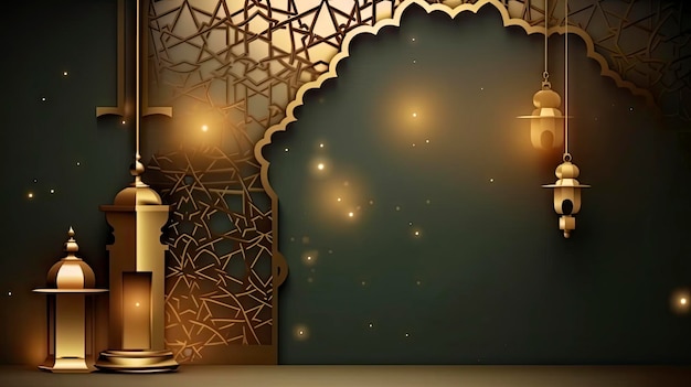 Arco Islâmico Árabe Fundo Ornamental de Luxo Dourado e Escuro com Moldura de Padrão Islâmico generativo