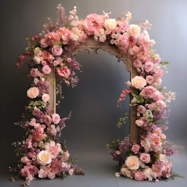 Arco de marco para bodas, cumpleaños, flores rosas y vegetación en el salón de banquetes generado por IA