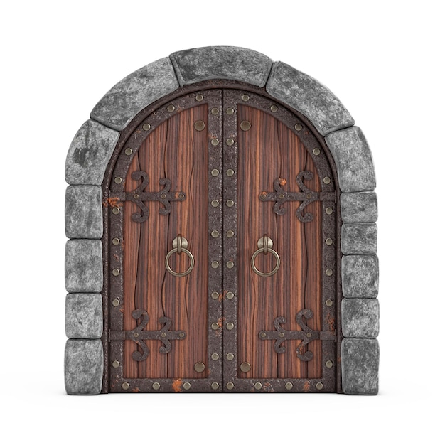 Arco medieval Puerta de castillo cerrada de madera Representación 3d