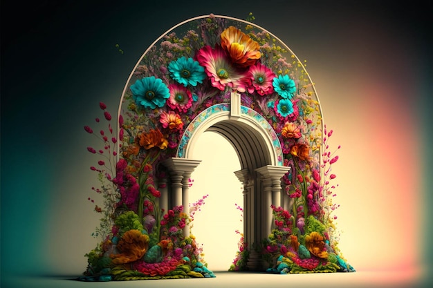 Arco muy bonito con un ramo de flores en él ai generativo