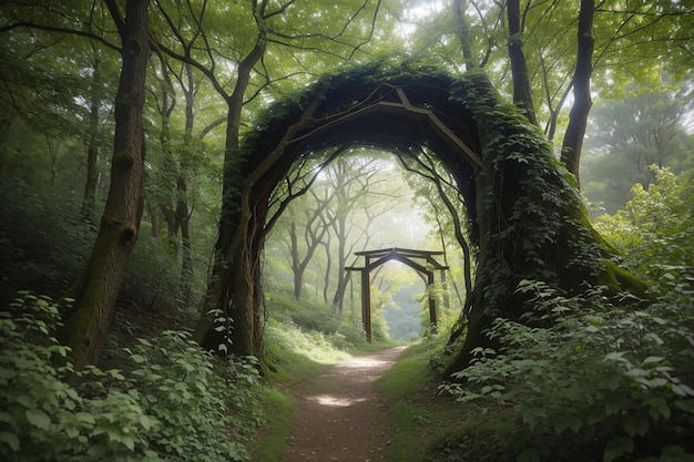 Arco natural em forma de galhos na floresta