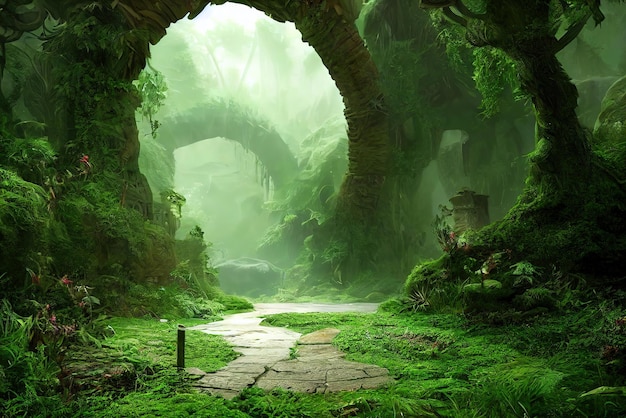 Arco natural formado por ramas en el bosque Arte conceptual Pintura digital Ilustración de fantasía