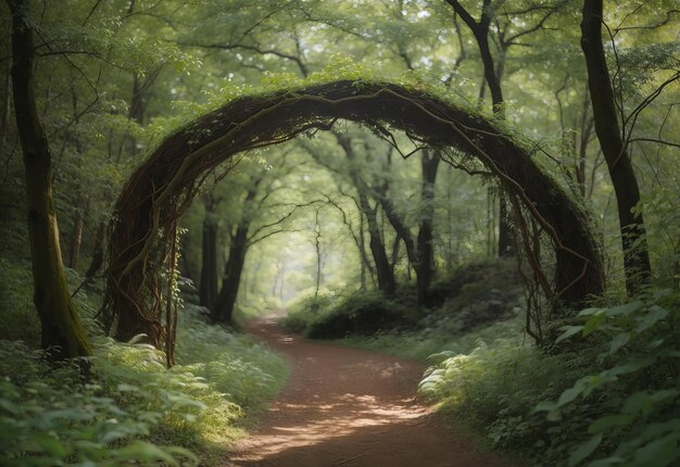 Arco natural formado por ramas en el frente.