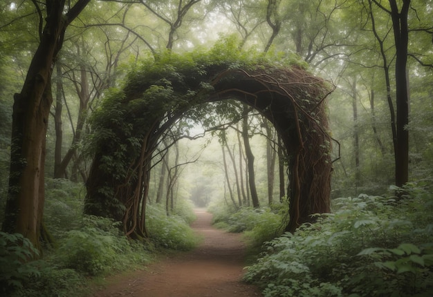 Arco natural formado por ramas en el frente.