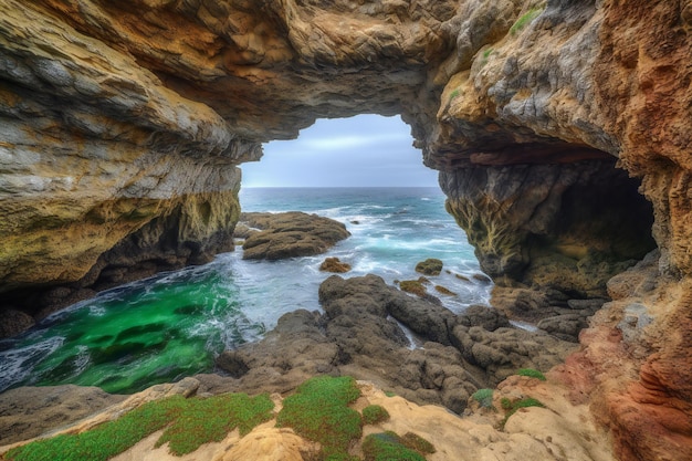 Un arco natural en el océano con el mar de fondo.