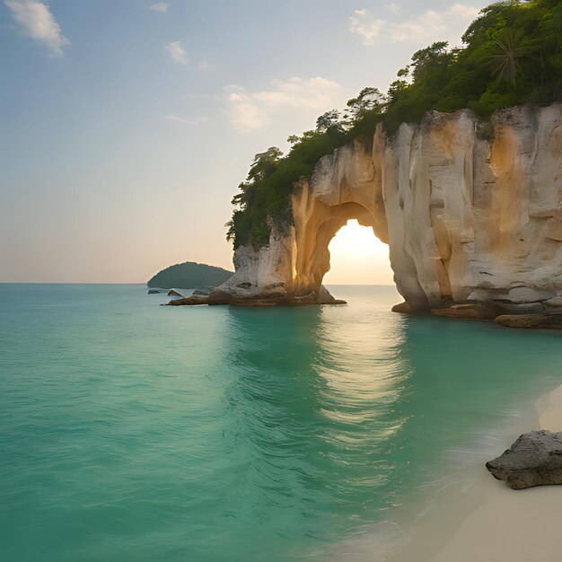 Foto un arco natural se ve a través del agua en la playa