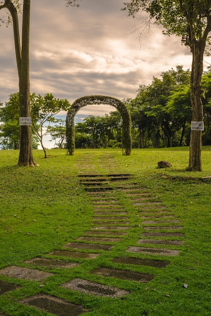 arco natural verde hecho de plantas florecientes