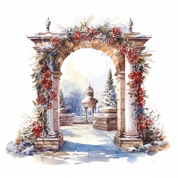 Arco de Navidad con frutos rojos sobre un fondo blanco. ilustración de acuarela