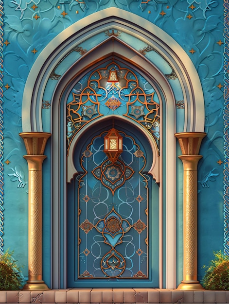 Un arco ornamentado adornado con una linterna de estilo islámico