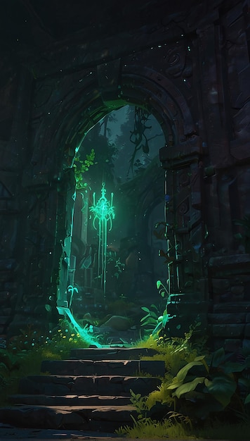 Un arco oscuro de musgo con un voladizo de hojas verdes
