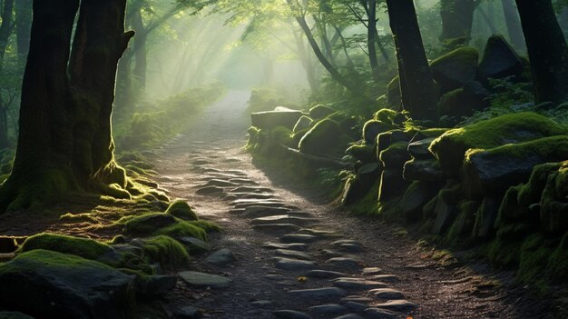 El arco en un paisaje de jardín de hadas encantado se puede usar como fondo IA generativa