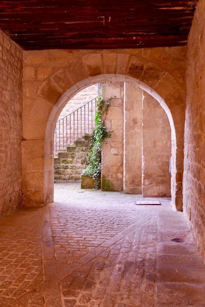 Arco para o quintal interno sem pessoas em Sos del Rey Catolico, no centro de Aragão, Espanha