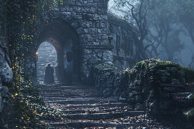 un arco de piedra con una estatua en el medio